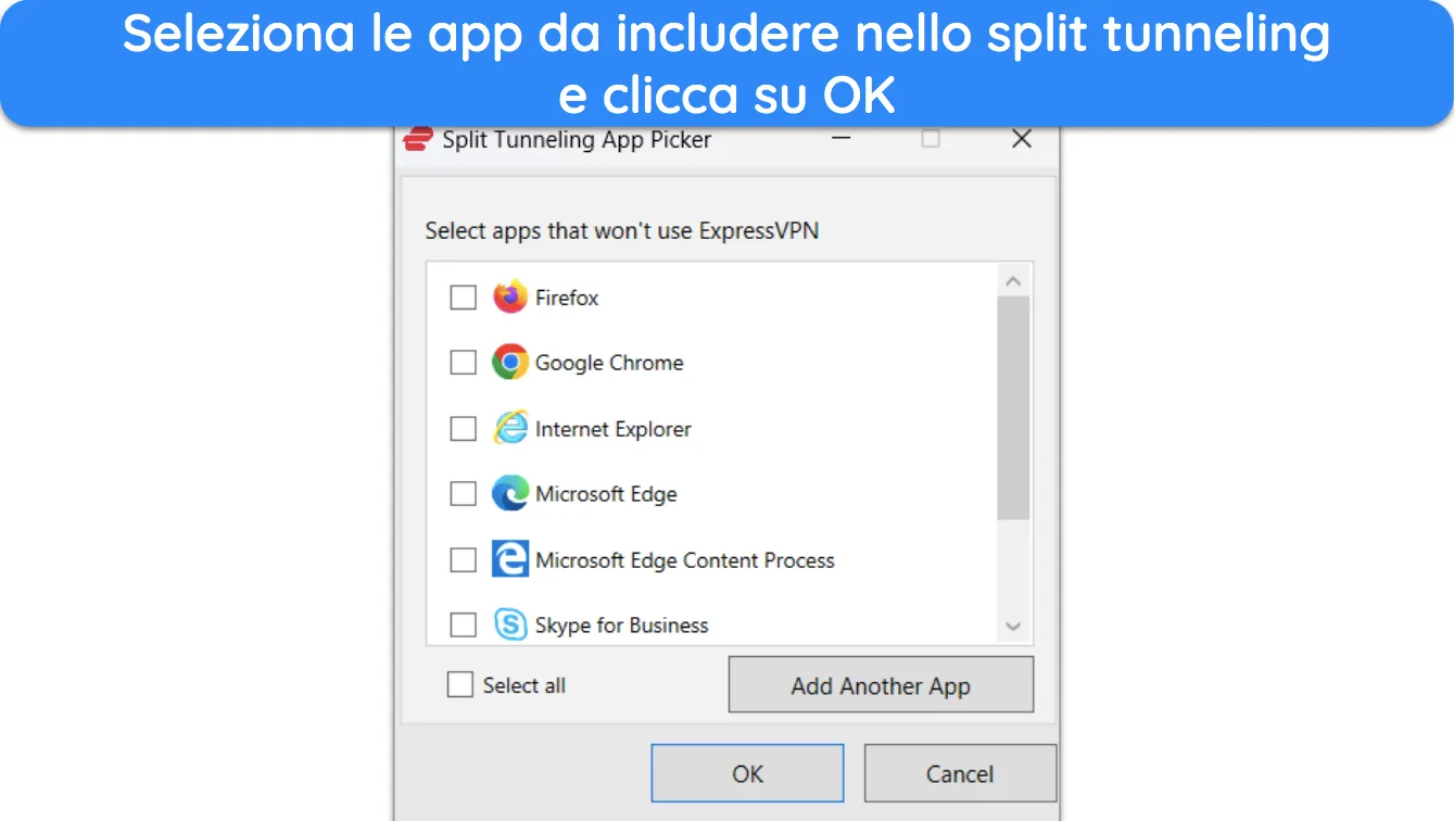Screenshot che mostra come scegliere le app da usare con lo split tunnel di ExpressVPN.