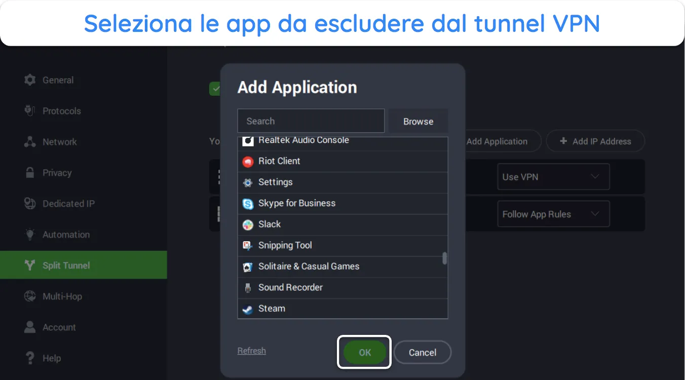 Screenshot che mostra come scegliere le app da usare con lo split tunnel di PIA.