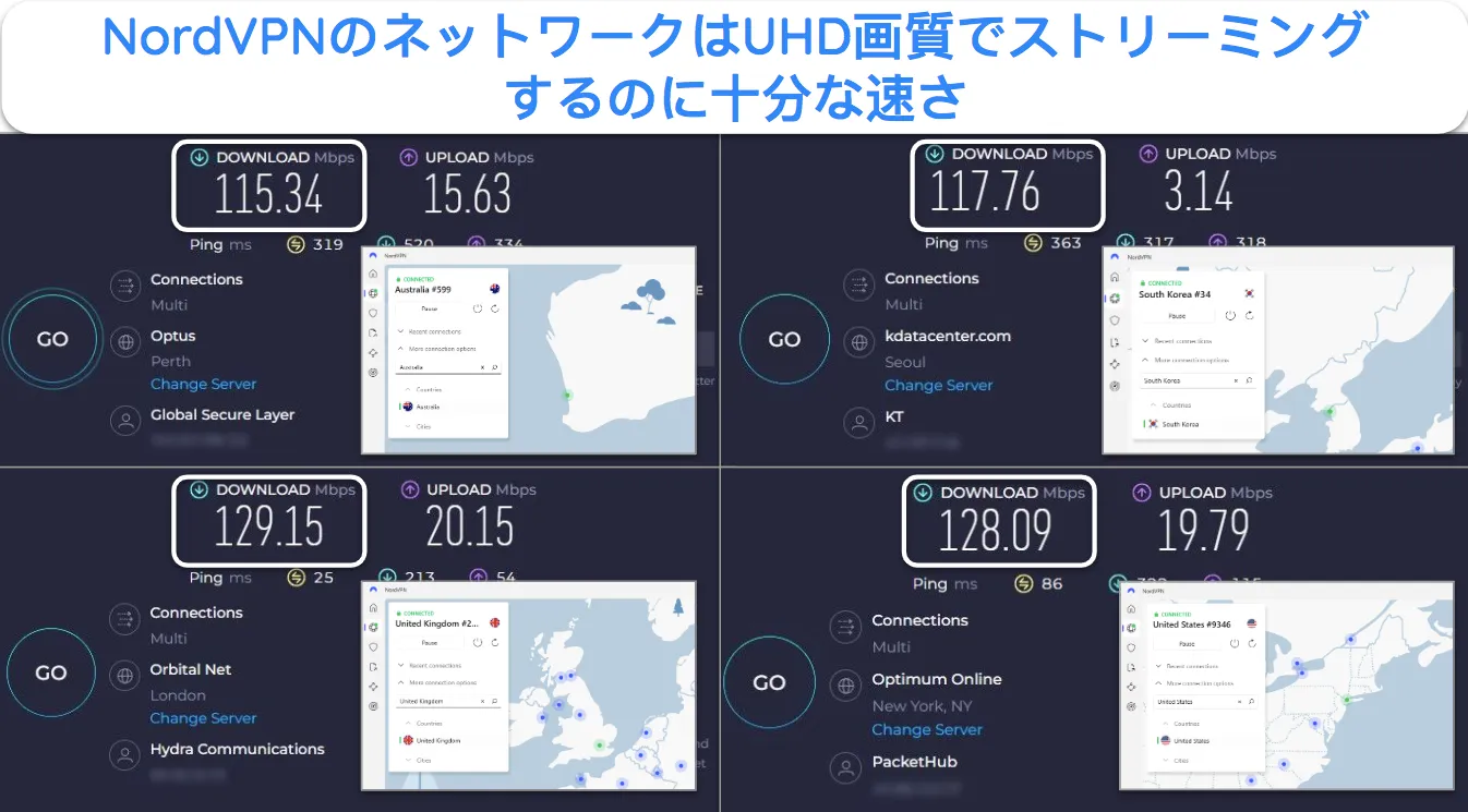 NordVPN がオーストラリア、韓国、英国、米国のサーバーに接続され、Ookla の速度テスト結果のスクリーンショット。