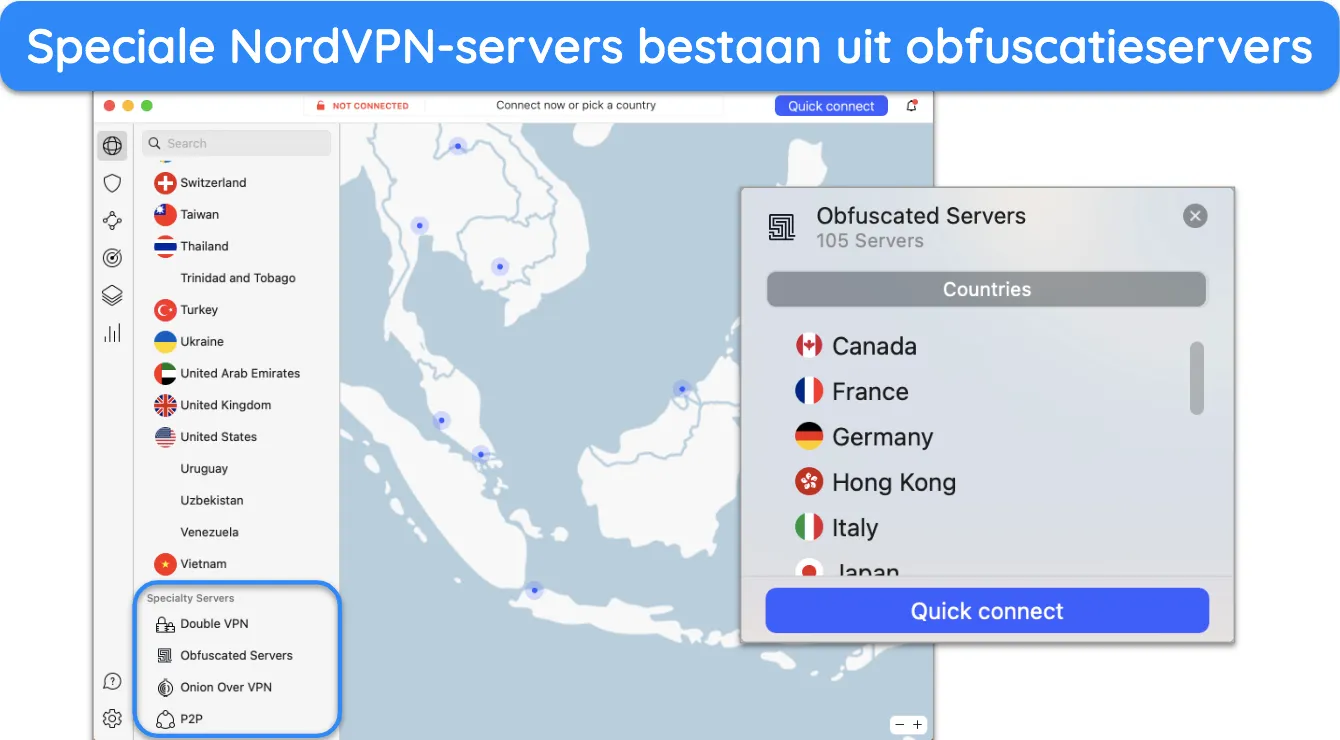 Screenshot van NordVPN's Specialty Servers en Obfuscated Servers.