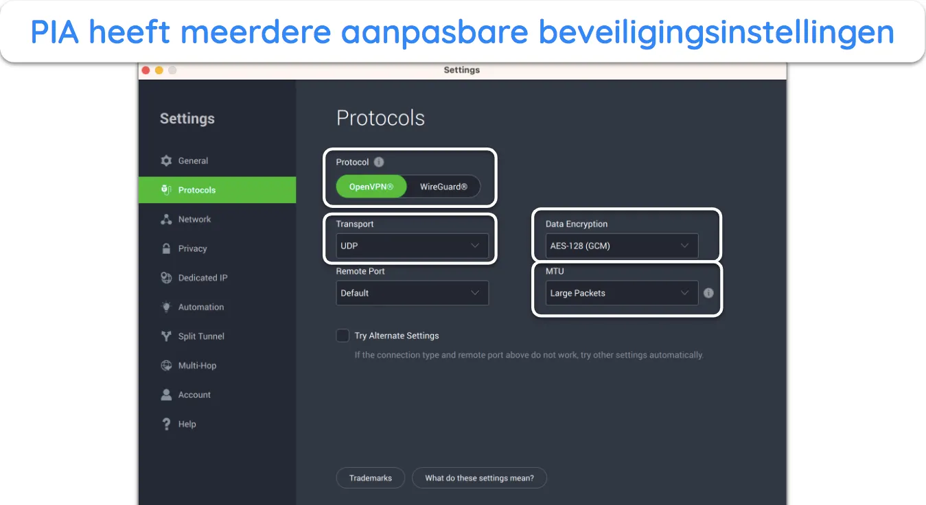 Screenshot van PIA's geavanceerde instellingen.