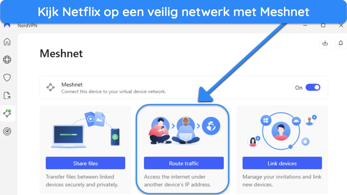 Afbeelding van de Windows-app van NordVPN, met de Meshnet-functie.