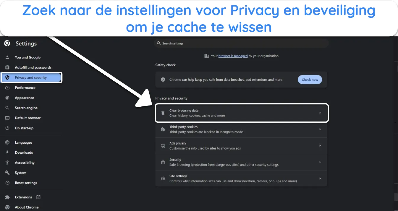 Afbeelding van de privacy- en beveiligingsinstellingen van de Chrome-browser, met de optie om 'browsegegevens te wissen'.