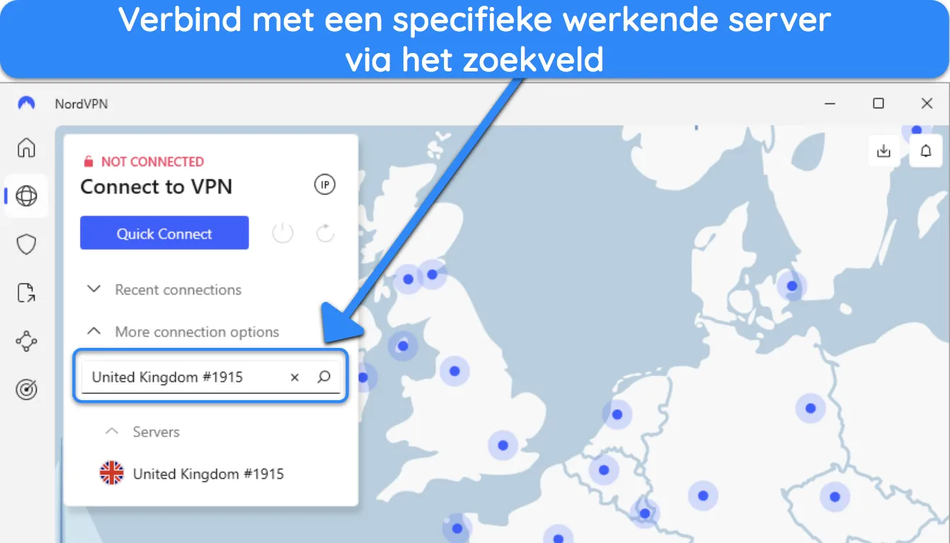 Afbeelding van de Windows-app van NordVPN, met de zoekfunctie voor de server.