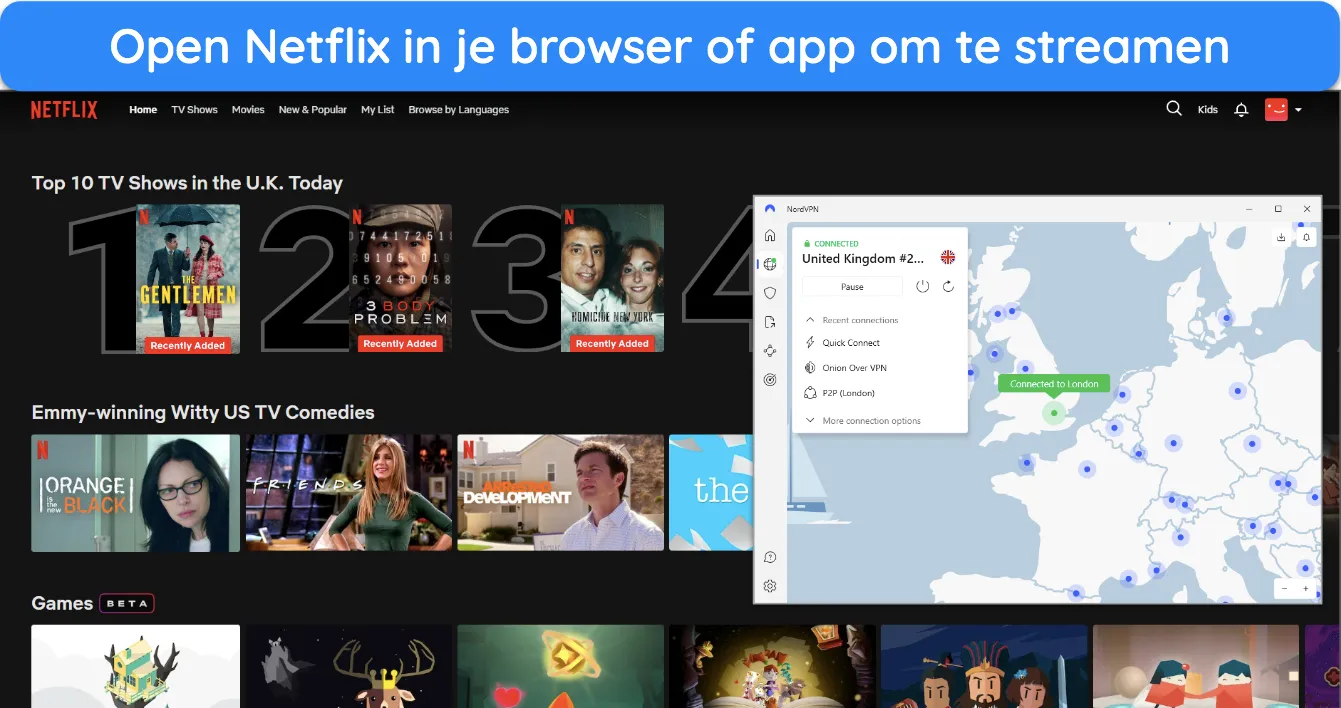 Afbeelding van Netflix UK in een browservenster met NordVPN verbonden met een server in Londen-VK.