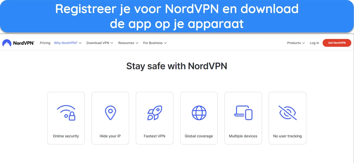 Screenshot van de startpagina van de website van NordVPN.