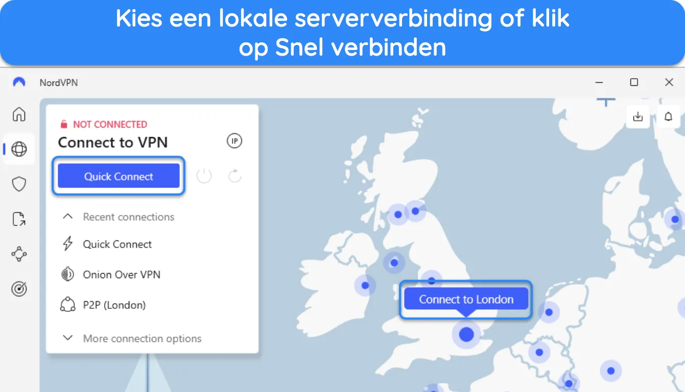 Screenshot van de Windows-app van NordVPN, met de kaartserververbinding voor Londen en de knop Snel verbinden.