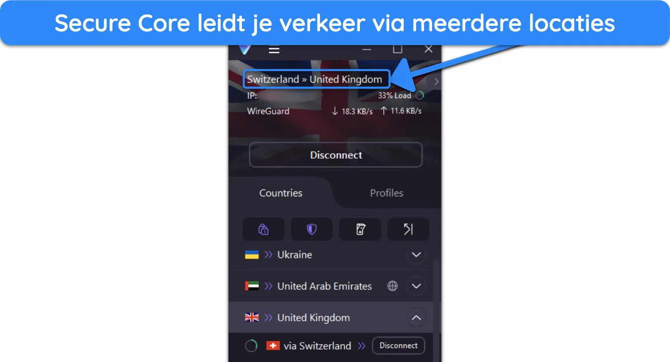 Screenshot van Secure Core Connection op Proton VPN's app.