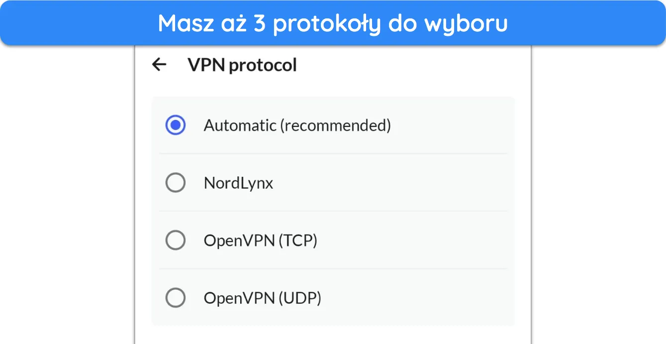 Zrzut ekranu pokazujący dostępne protokoły w aplikacji NordVPN na Androida.