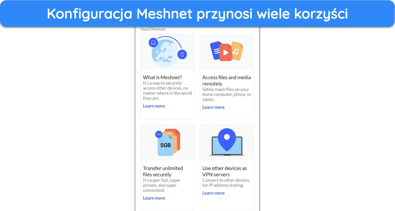 Zrzut ekranu pokazujący korzyści z funkcji Meshnet NordVPN.