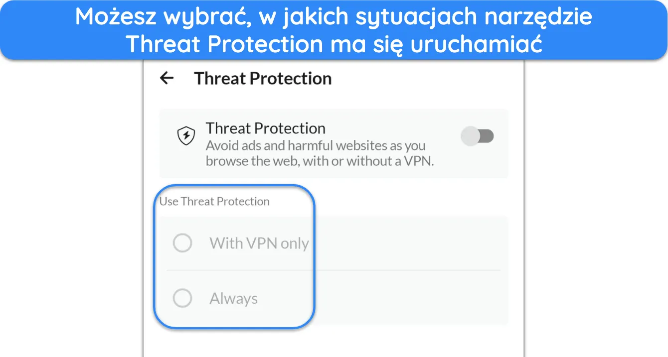 Zrzut ekranu pokazujący opcje dostosowywania Threat Protection w aplikacji NordVPN na Androida.