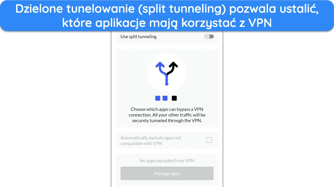 Zrzut ekranu pokazujący funkcję tunelowania dzielonego w aplikacji NordVPN na Androida.