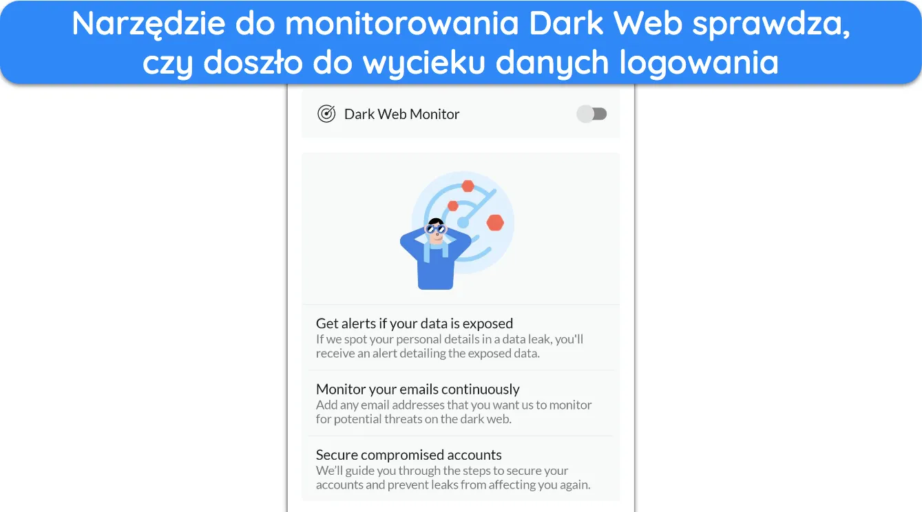 Zrzut ekranu pokazujący Dark Web Monitor NordVPN w aplikacji na Androida.