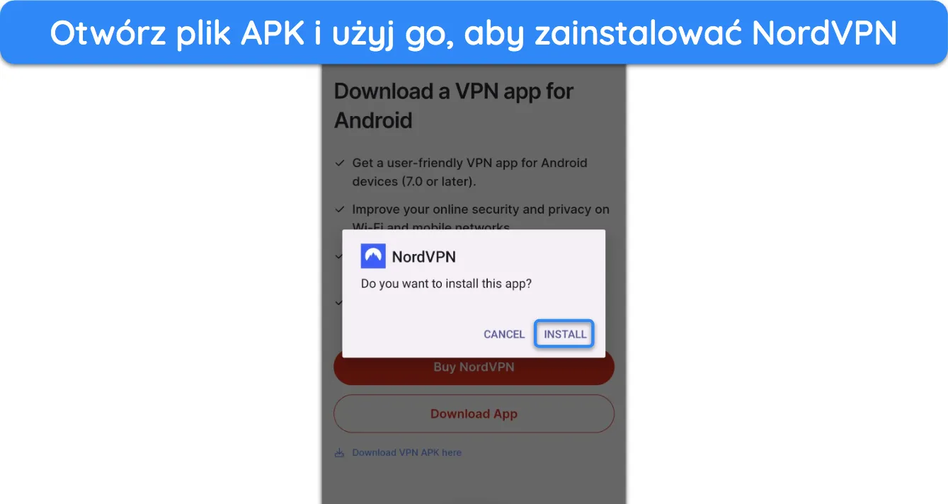 Zrzut ekranu pokazujący, jak zainstalować NordVPN przy użyciu pliku APK.