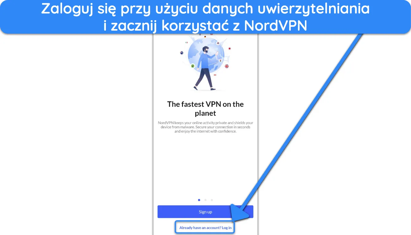 Zrzut ekranu pokazujący, jak zalogować się do aplikacji NordVPN na Androida.