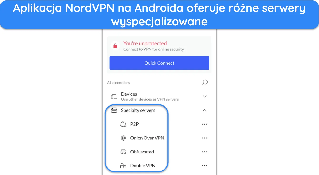 Zrzut ekranu pokazujący serwery specjalistyczne dostępne w aplikacji NordVPN na Androida.