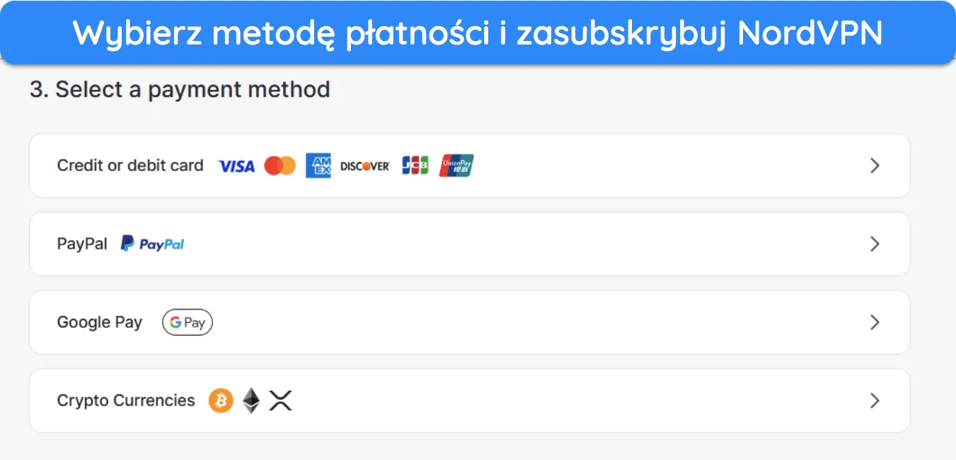 Zrzut ekranu pokazujący różne metody płatności dostępne dla NordVPN.