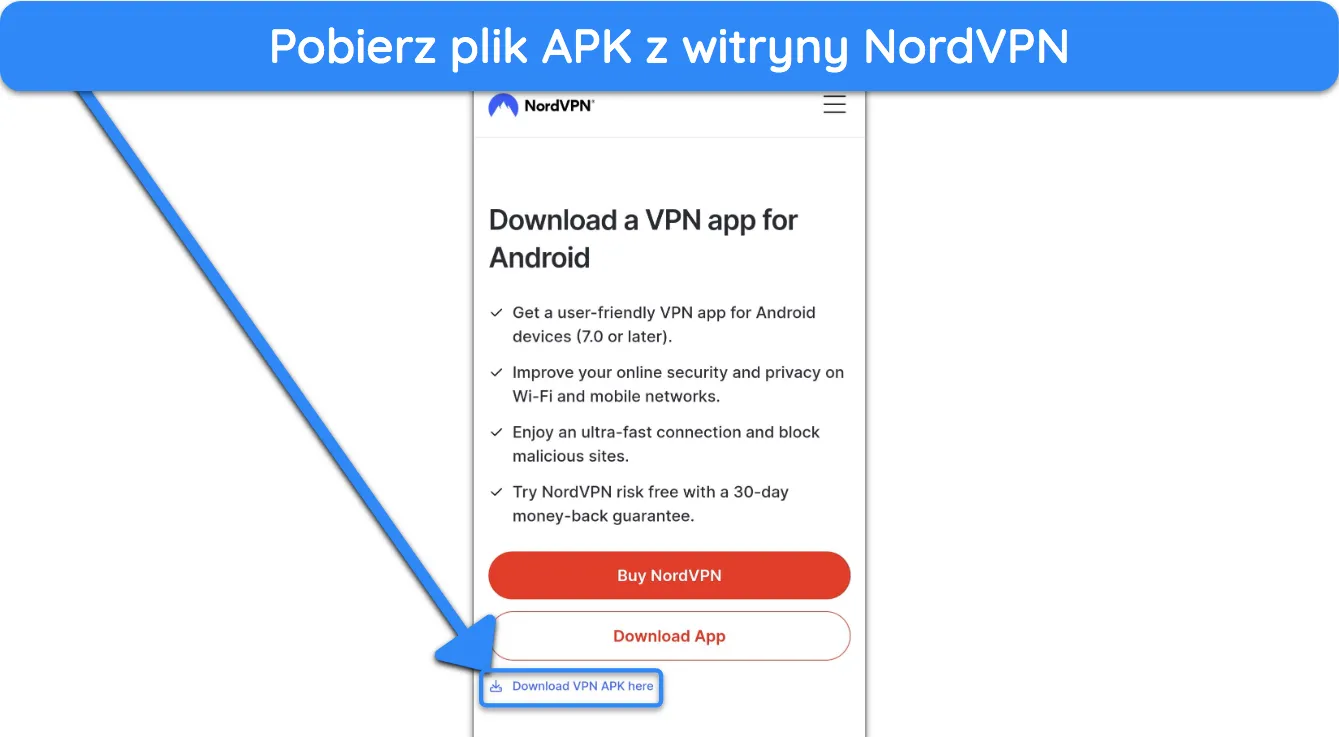 Zrzut ekranu pokazujący, jak pobrać NordVPN APK z oficjalnej strony internetowej.