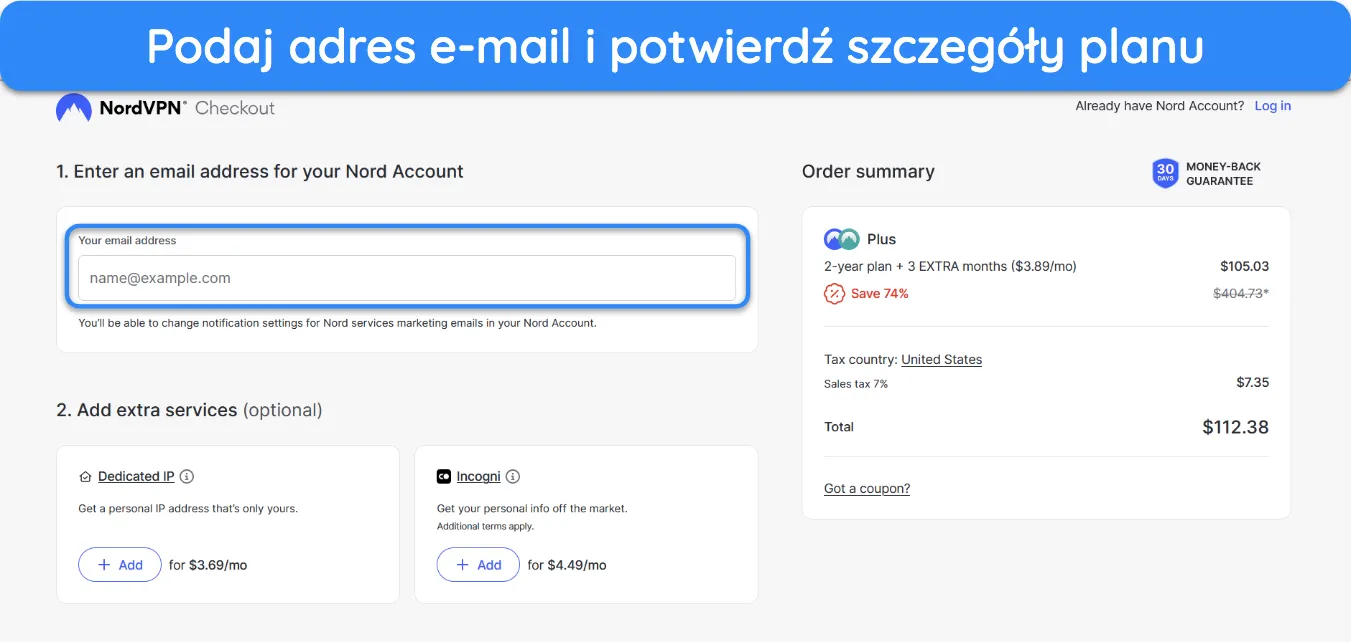 Zrzut ekranu pokazujący, jak potwierdzić szczegóły subskrypcji NordVPN.