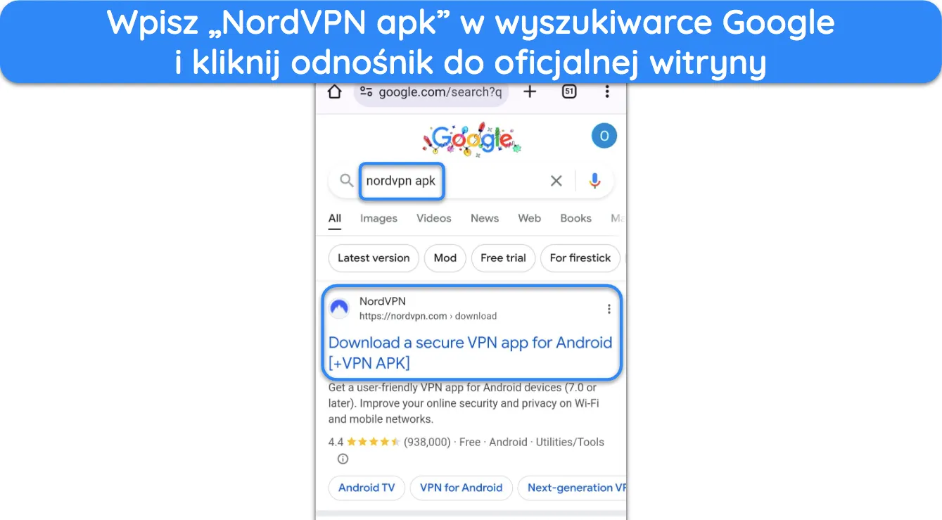 Zrzut ekranu pokazujący, jak znaleźć oficjalny link do pobrania NordVPN APK.