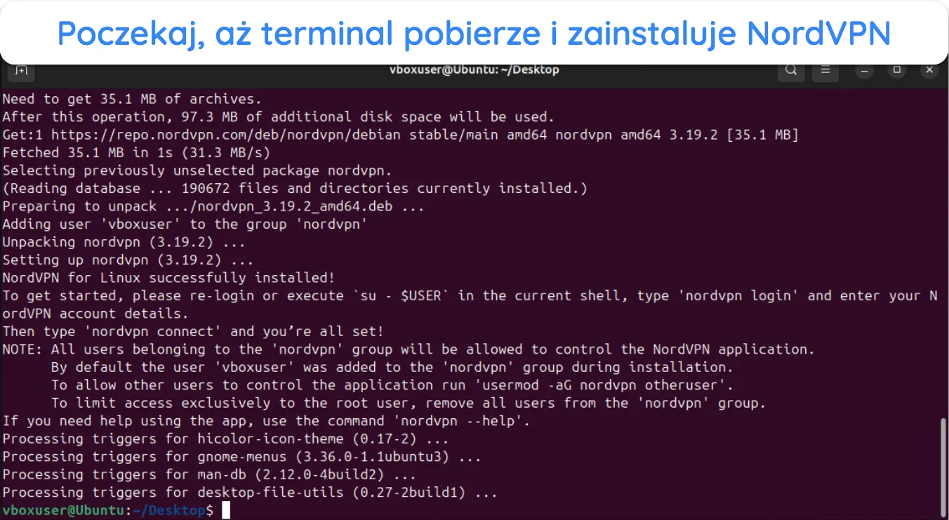 Zrzut ekranu terminala systemu Linux pobierającego i instalującego NordVPN.