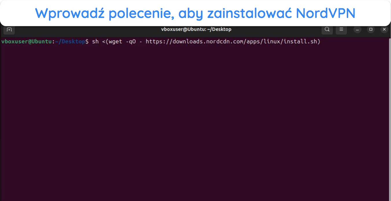 Zrzut ekranu pokazujący, jak zainstalować NordVPN za pomocą polecenia terminala systemu Linux.