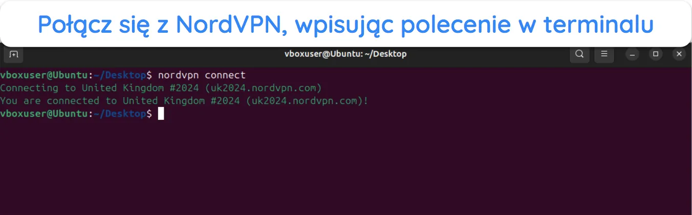 Zrzut ekranu pokazujący, jak połączyć się z NordVPN w systemie Linux po zalogowaniu.