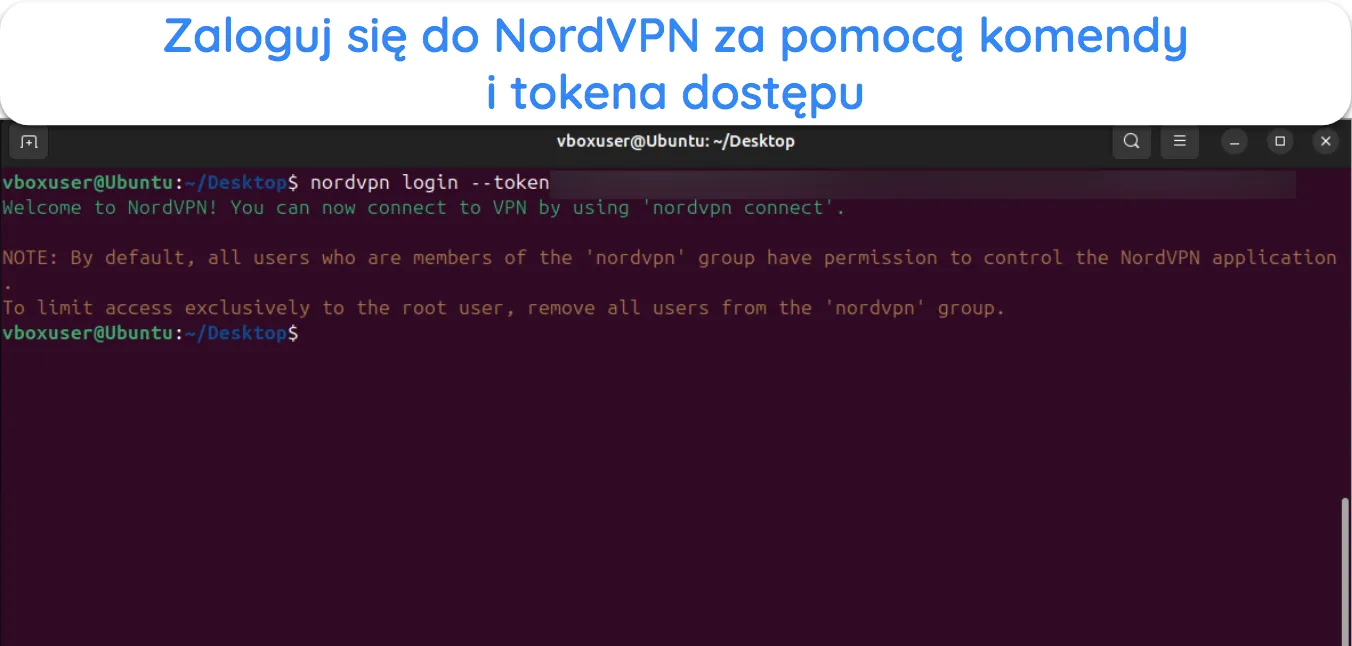 Zrzut ekranu pokazujący, jak zalogować się do NordVPN w systemie Linux za pomocą tokena dostępu.