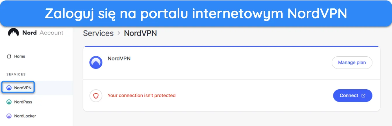 Zrzut ekranu pokazujący portal internetowy NordVPN.