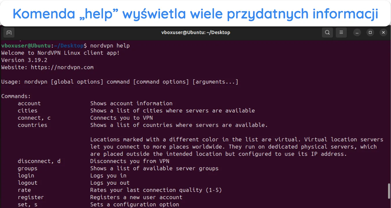 Zrzut ekranu pokazujący, jak zobaczyć różne polecenia terminala dostępne w NordVPN dla systemu Linux.