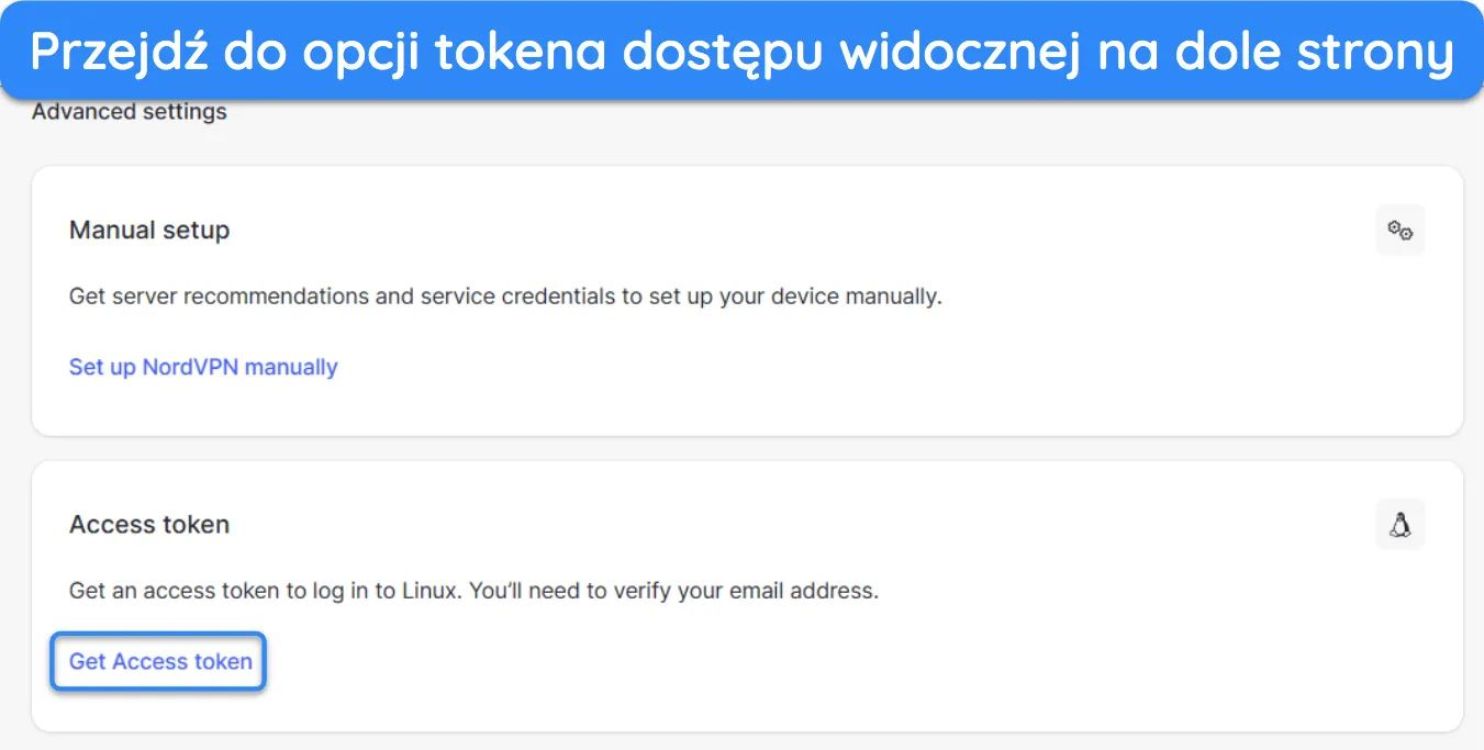 Zrzut ekranu pokazujący sekcję tokena dostępu portalu internetowego NordVPN.