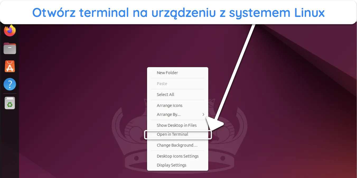 Zrzut ekranu pokazujący, jak uzyskać dostęp do terminala w systemie Ubuntu.