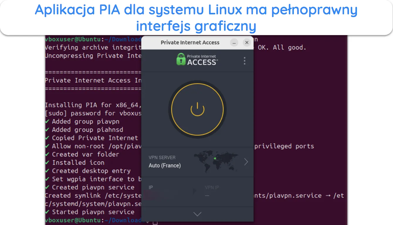 Zrzut ekranu przedstawiający interfejs graficzny PIA w systemie Linux.