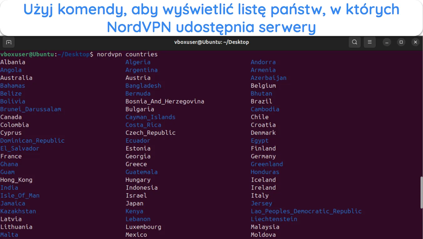 Zrzut ekranu pokazujący, jak zobaczyć wszystkie dostępne kraje serwerów NordVPN w systemie Linux.