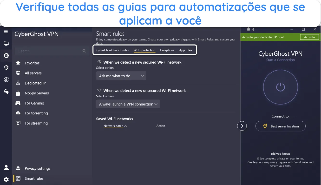 Captura de tela das configurações de Regras Inteligentes do CyberGhost.