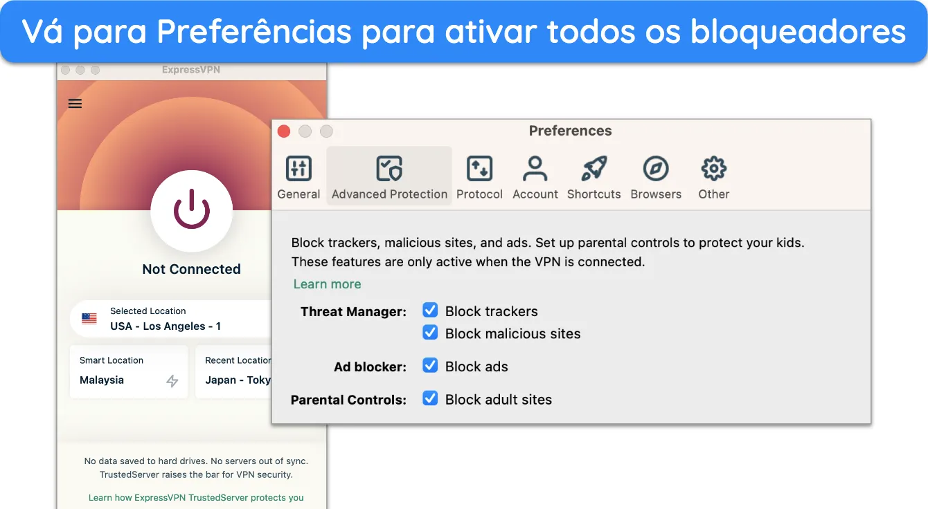 Captura de tela das opções de Proteção Avançada do ExpressVPN.