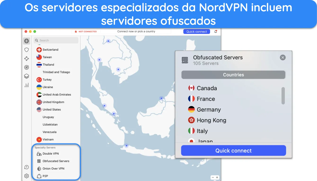 Captura de tela dos Servidores Especiais e Servidores Ofuscados do NordVPN.