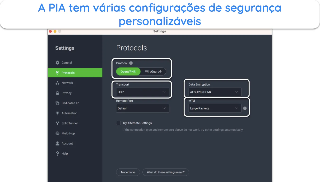 Captura de tela das configurações avançadas do PIA.