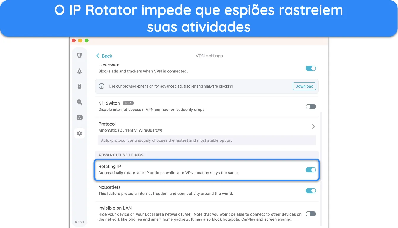 Captura de tela das configurações do Rotator de IP do Surfshark.