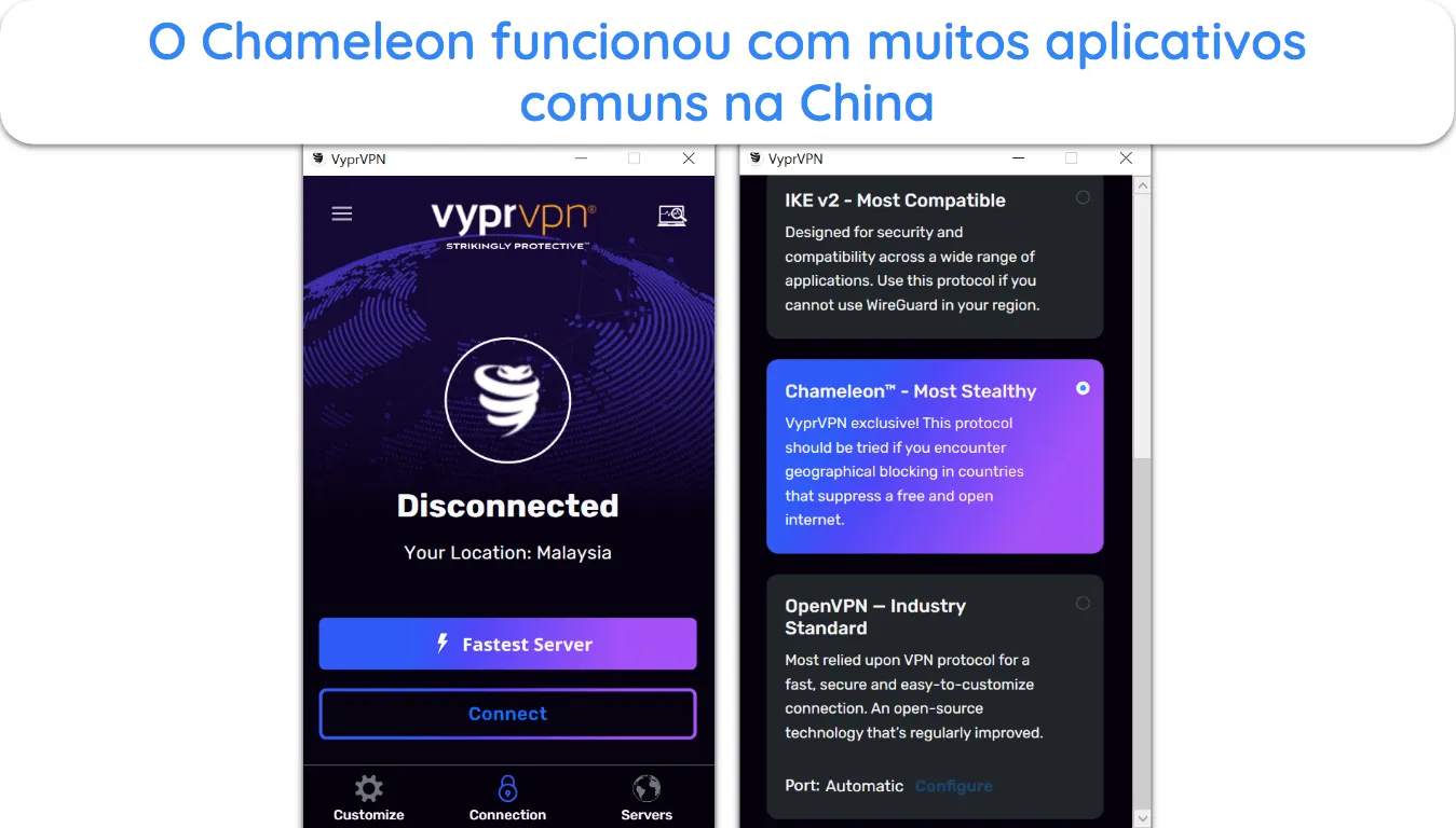 Captura de tela da opção de protocolo Chameleon do VyprVPN nas configurações.