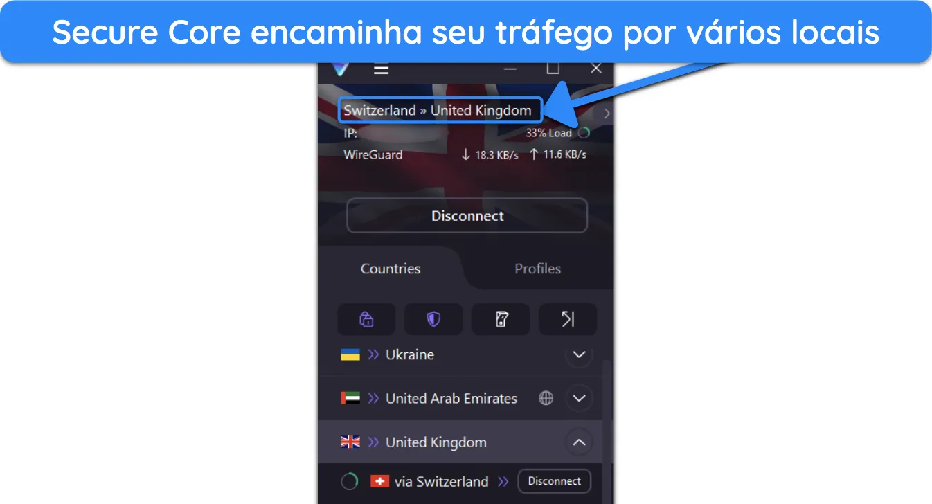 Captura de tela do Secure Core Connection no aplicativo do Proton VPN.