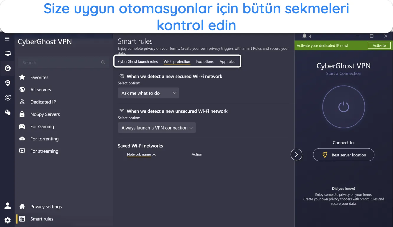 CyberGhost'un Akıllı Kurallar ayarlarının ekran görüntüsü.