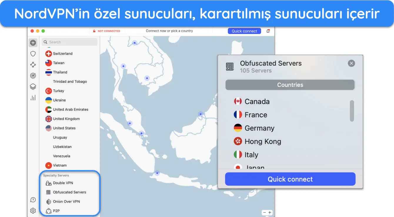 NordVPN'in Özel Sunucuları ve Gizlenmiş Sunucularının ekran görüntüsü.