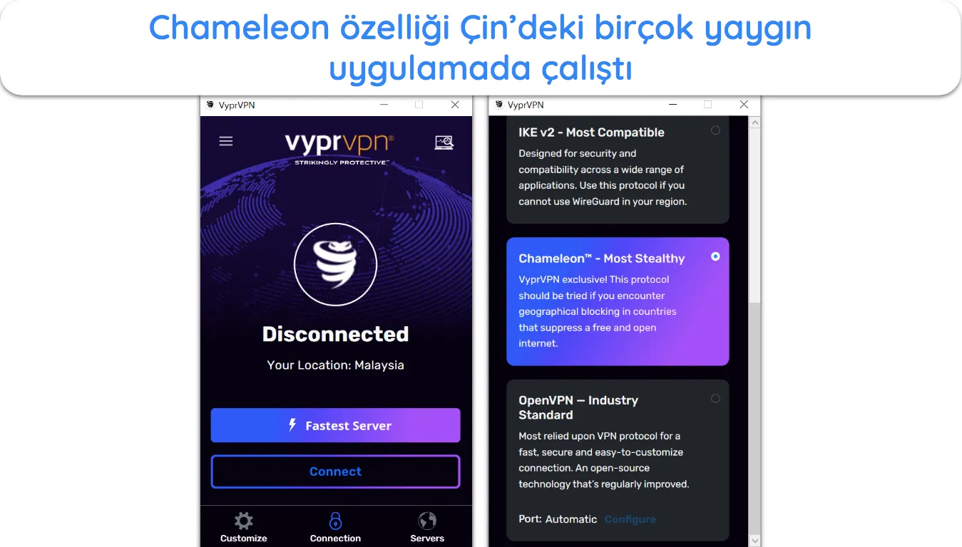 Ayarlardaki VyprVPN'in Chameleon protokol seçeneğinin ekran görüntüsü.