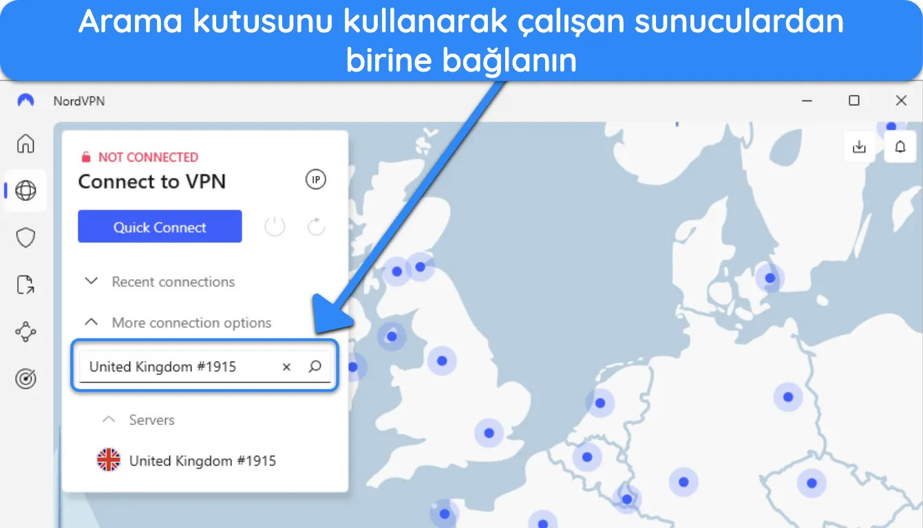 NordVPN'nin sunucu arama işlevini gösteren Windows uygulamasının görüntüsü.