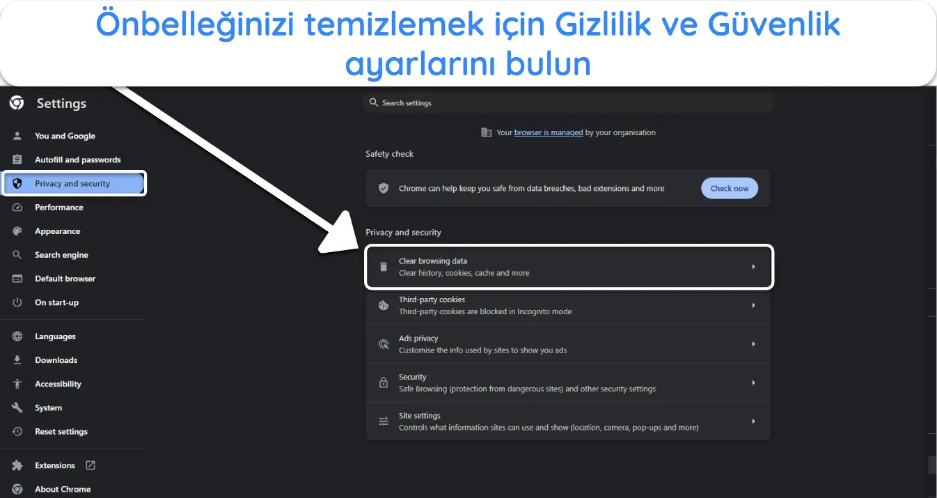 Chrome tarayıcısının Gizlilik ve Güvenlik ayarlarının görüntüsü, 'tarama verilerini temizle' seçeneğini vurguluyor.