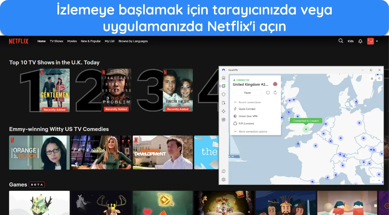 NordVPN'nin Londra-UK sunucusuna bağlı olduğu bir tarayıcı penceresinde Netflix UK görüntüsü.