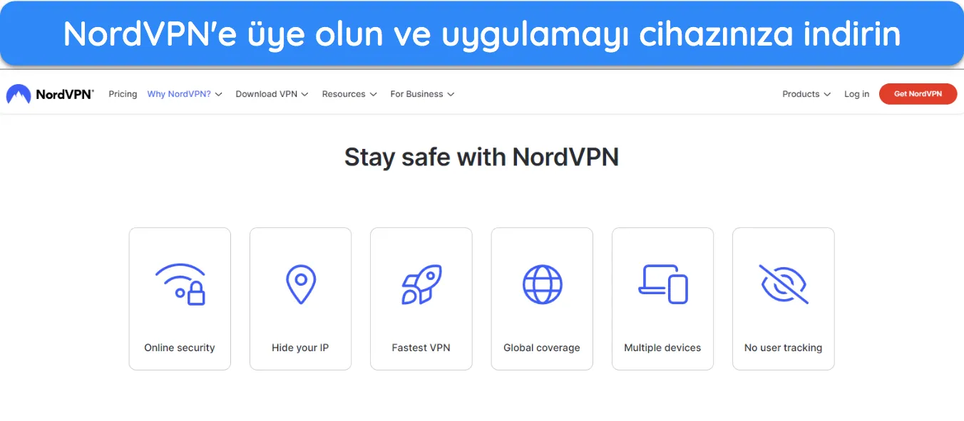 NordVPN'nin web sitesi ana sayfasının ekran görüntüsü.