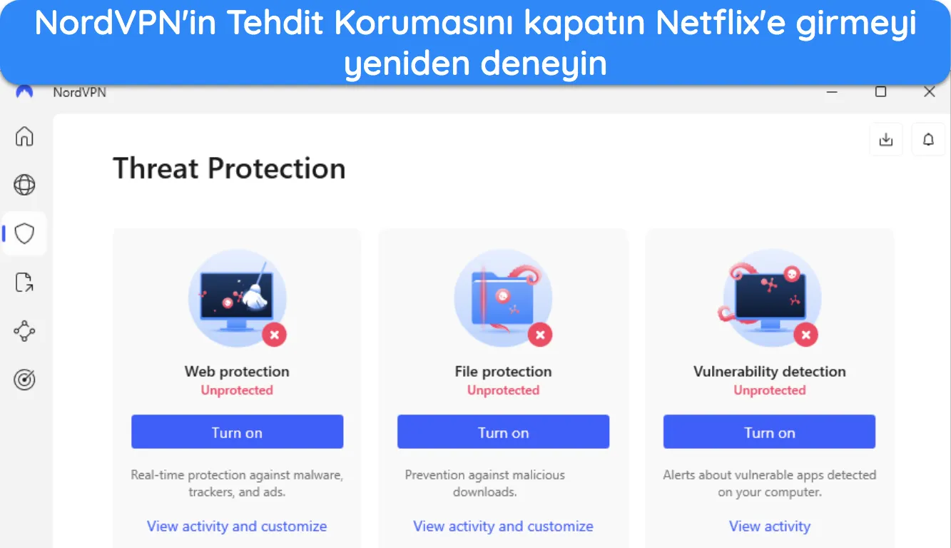 NordVPN'nin Tehdit Koruması özelliğini gösteren Windows uygulamasının görüntüsü.