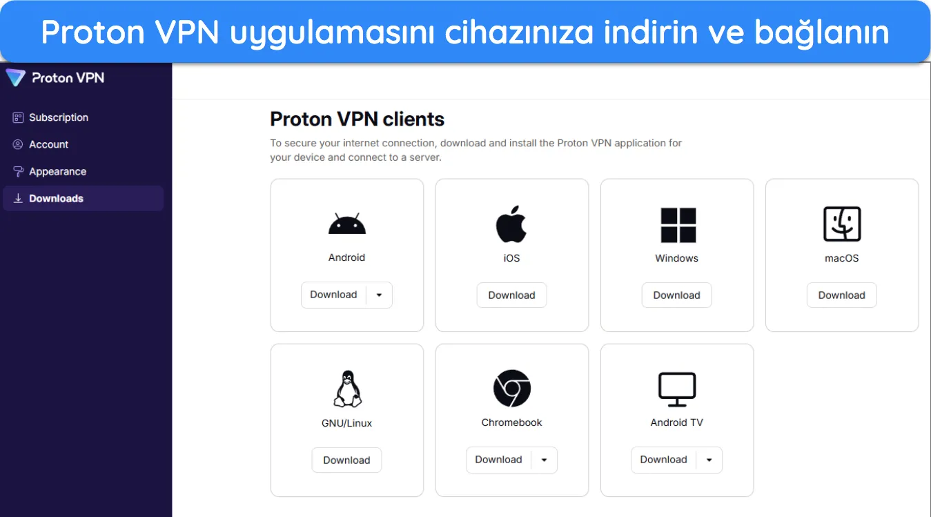 Proton VPN hesap sayfasının farklı cihazlara indirilebilecek mevcut uygulamaları gösteren görüntüsü.